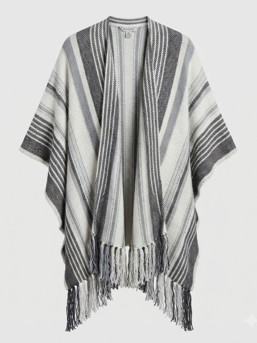 Aerie Striped Fringe Open Front Poncho Shawl Wrap Knit Cape Cardigan Grey White